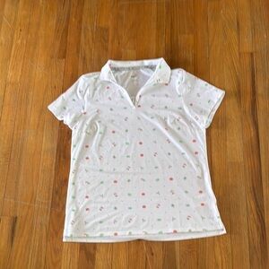 Puma Woman’s Golf tee, sz L, preppy, birds, flower, v-neck, lightweight, breathe
